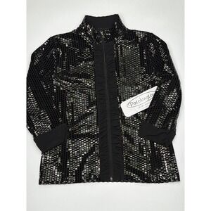 NWT Patchington Womens Black Metallic Grid Ruffle Zip Front Party Jacket Small